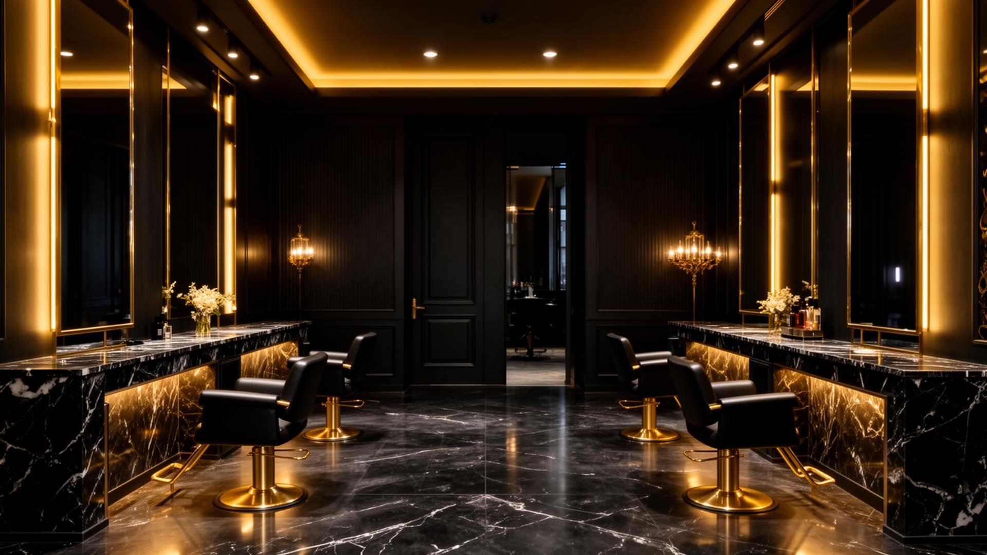 Interior of Details Salon & Spa with golden lighting